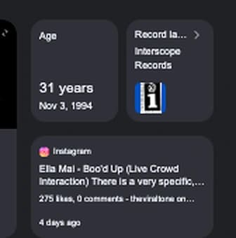 Cards inside Ella Mai's Google knowledge panel: a tile giving her age and born date, a tile naming her record label Interscope Records, and her own Instagram post.