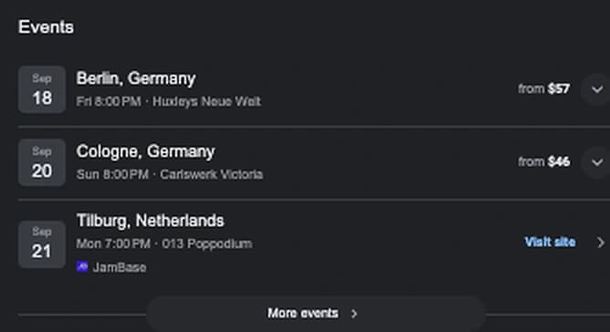 The events section of Ella Mai's Google knowledge panel, listing shows in Berlin, Cologne and Tilburg with dates, venues and ticket prices.