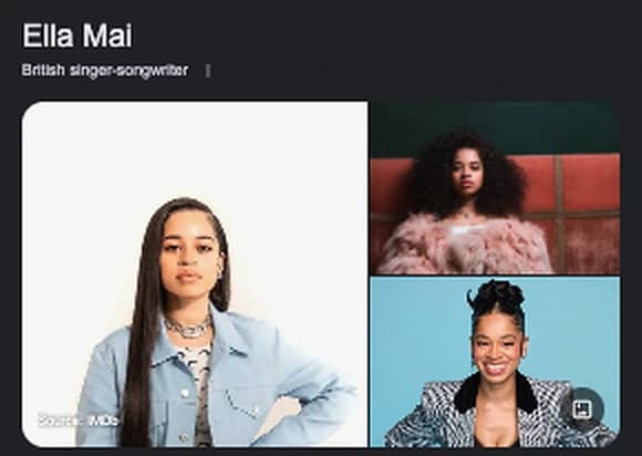 The top of Ella Mai's Google knowledge panel: her name, the descriptor British singer-songwriter, and photographs of her.