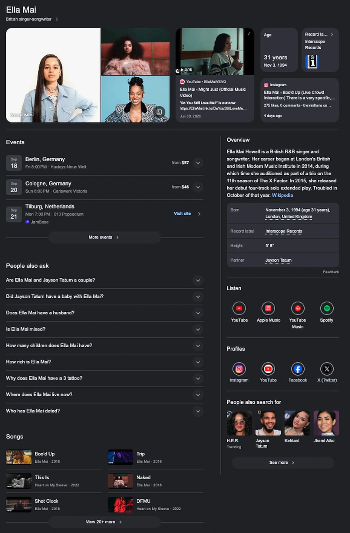Google's full result page for the singer Ella Mai: the knowledge panel with her name, the descriptor British singer-songwriter, photographs, her age, her record label Interscope Records, her tour dates, her songs, an overview box and her official profiles.