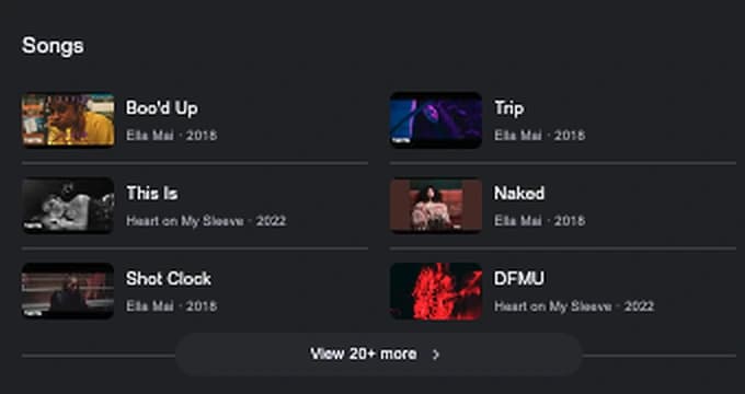 The songs section of Ella Mai's Google knowledge panel, listing Boo'd Up, Trip, This Is, Naked, Shot Clock and DFMU with the project and year on each one.
